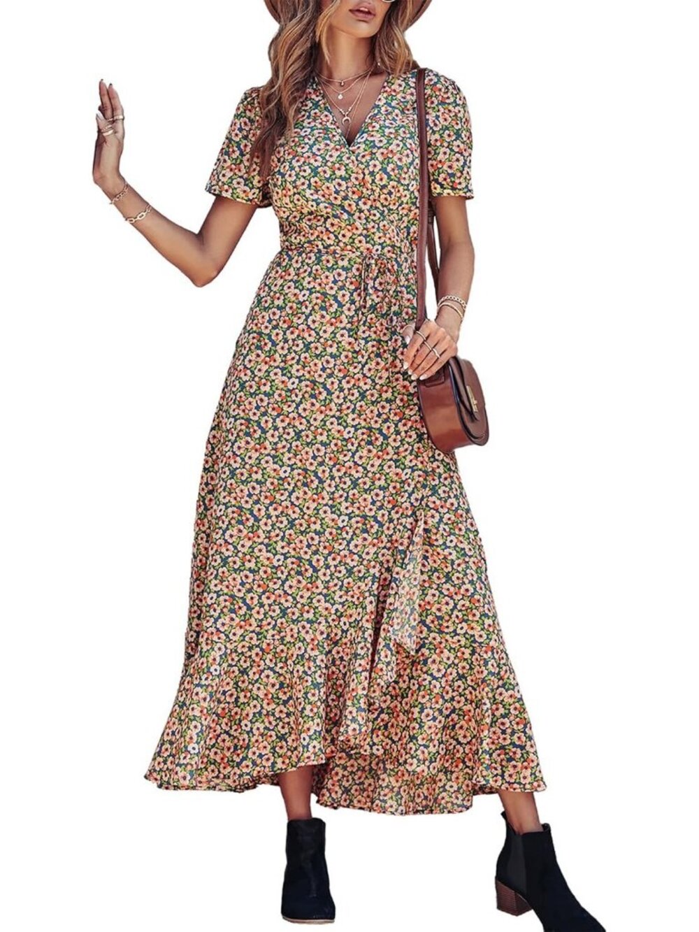 Women's Blue Pink Floral V Neck Casual Short Sleeve Pull On Zipper Maxi Dresses